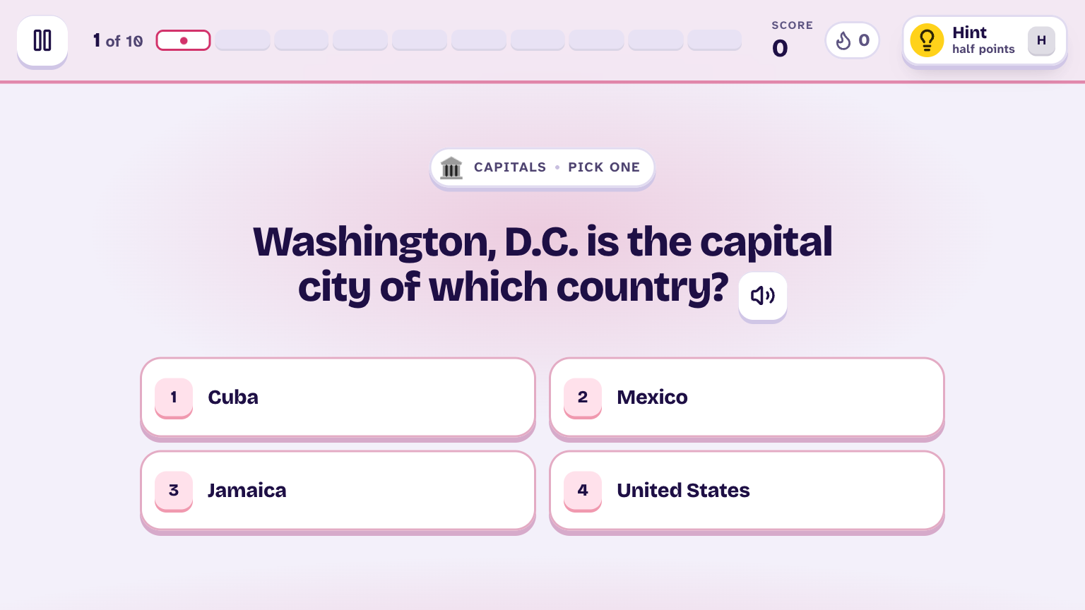A Quizzoo question on a wide screen: Washington, D.C. is the capital city of which country? There are four countries to pick from, in large type.