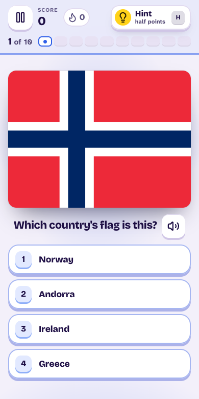 A flag question on a phone: Which country's flag is this? with four countries to pick from.