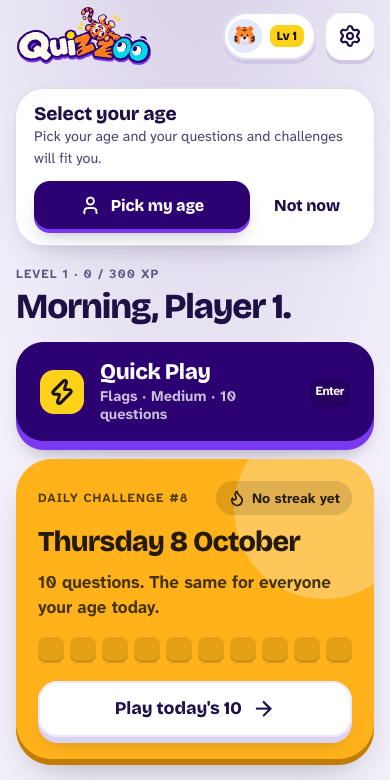 The Home screen on a phone, with Select your age, Quick Play and today's Daily Challenge.