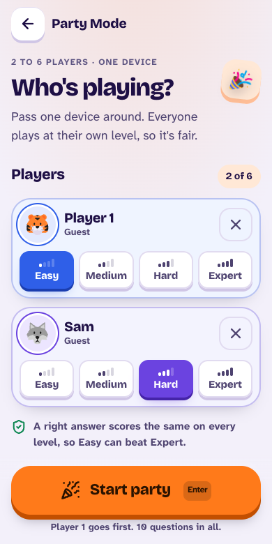 Party Mode on a phone: two players, each with a level of their own, and the Start party button.