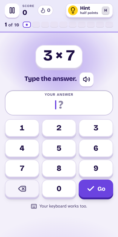 The 7 times table on a phone: 3 times 7, with a number pad to type the answer.