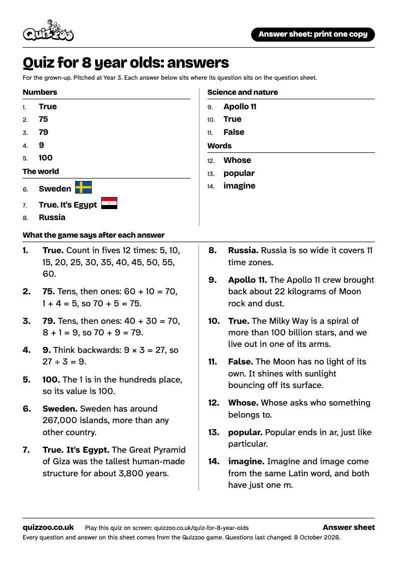 Quiz for 8 year olds, the answer sheet: the 14 answers, each in the same place as its question, then the line the game gives for each.